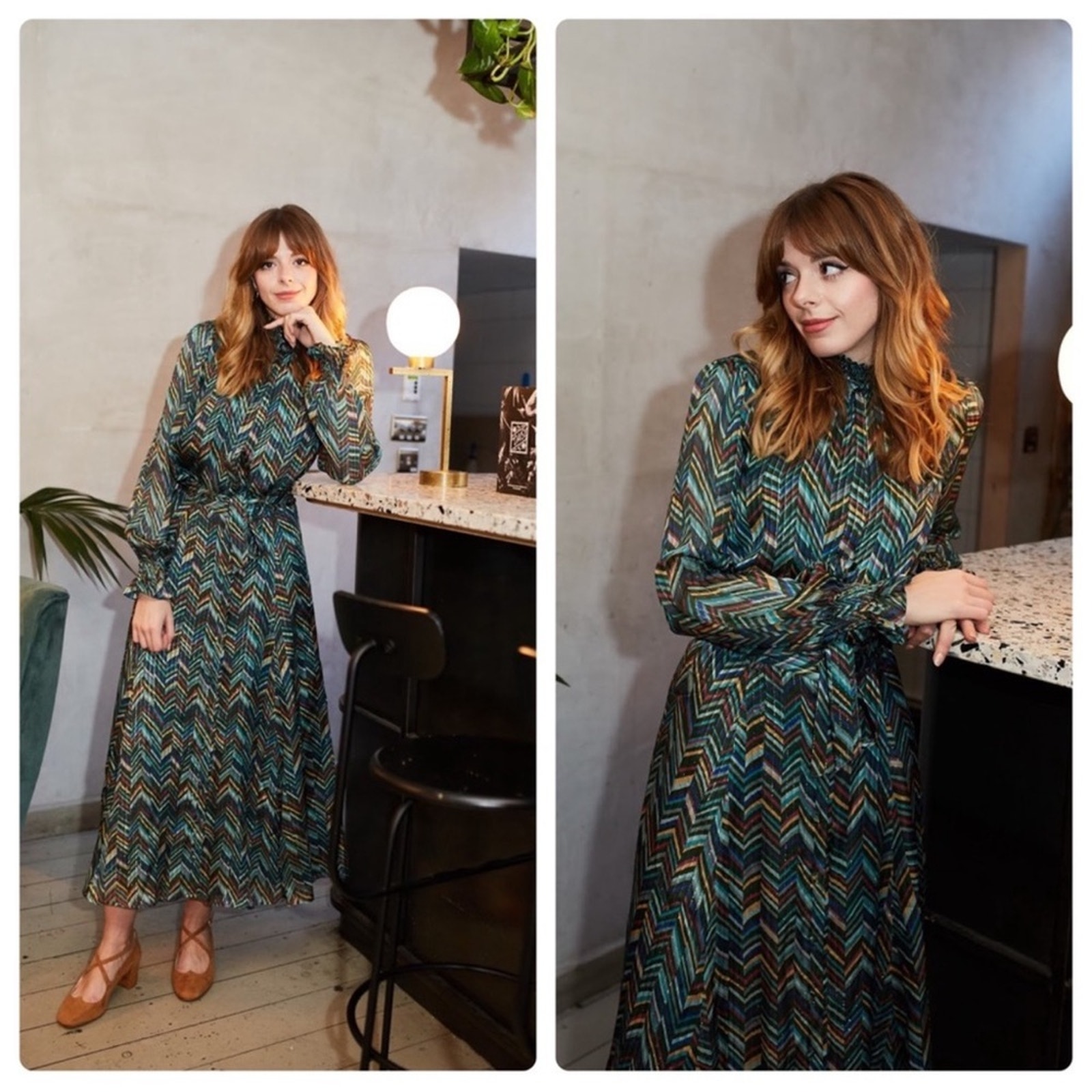 Sezane Justine Dress Chevron Print Green Size 34 Us 2